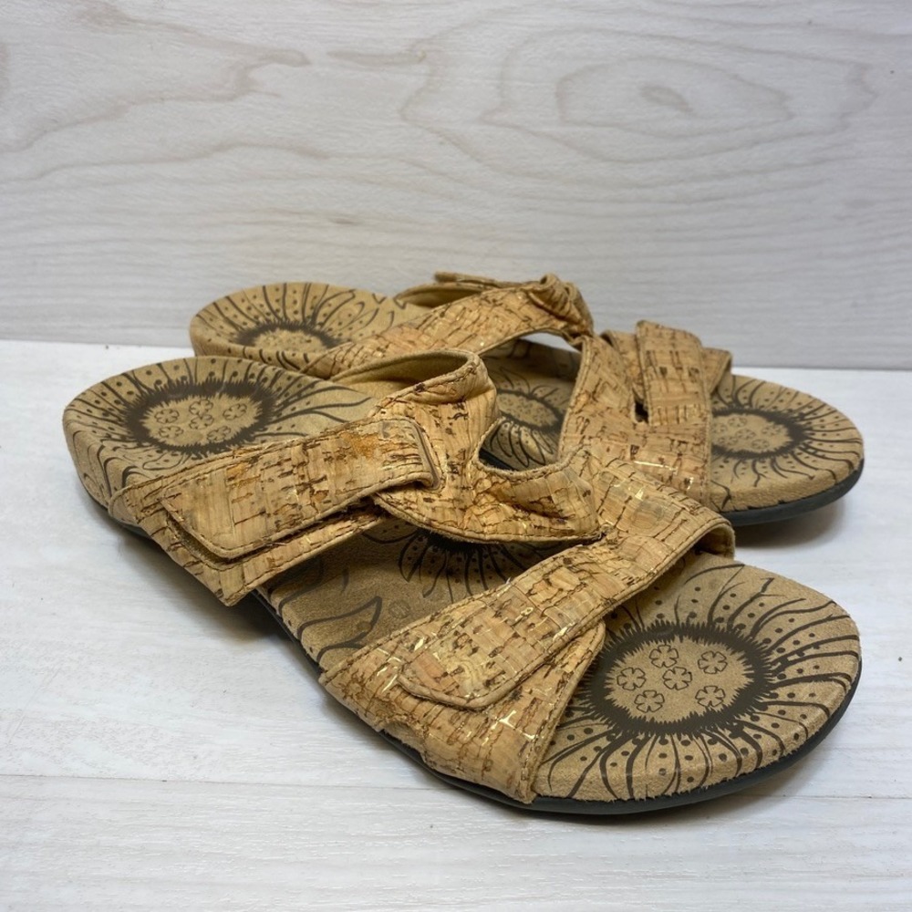 Vionic Lauren Cork Gold Metallic Slide Sandals Women 6 Adjustable Straps TVW4046